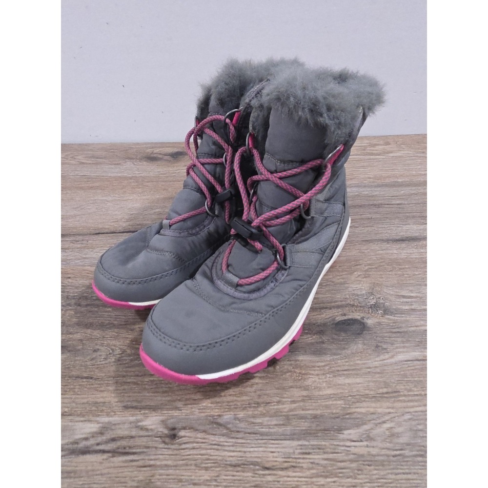 Sorel Youth Girls Pink Grey Whitney Nylon Snow Boots Faux Fur Lined Size 6
